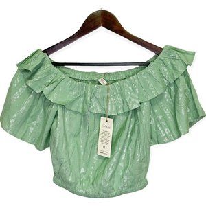 Elan Women's Sz M Top Striped Metallic Strapless Off Shoulder Elastic Hem Green